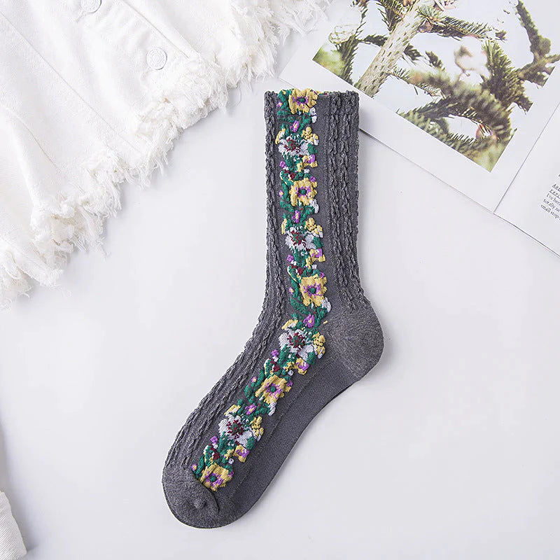 Chaussettes à Fleurs Brodées Vintage (5 paires)