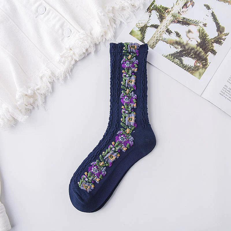 Chaussettes à Fleurs Brodées Vintage (5 paires)