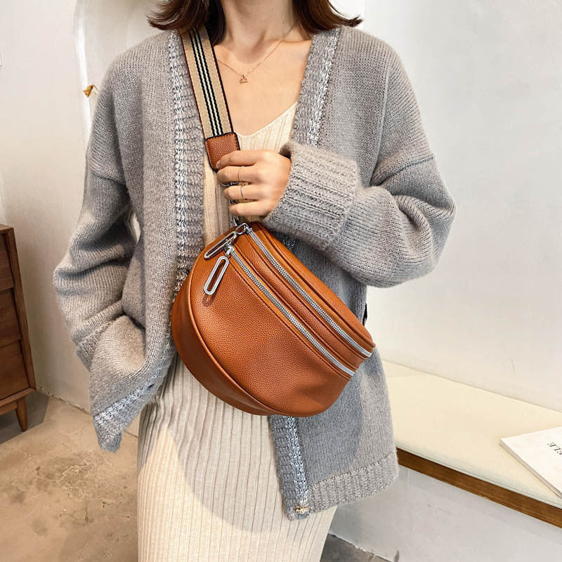 Sac de poitrine à bandoulière solide en cuir multi-poches pour femmes