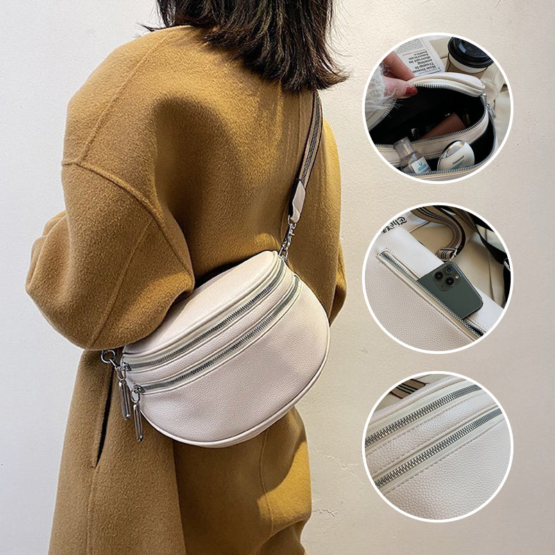 Sac de poitrine à bandoulière solide en cuir multi-poches pour femmes