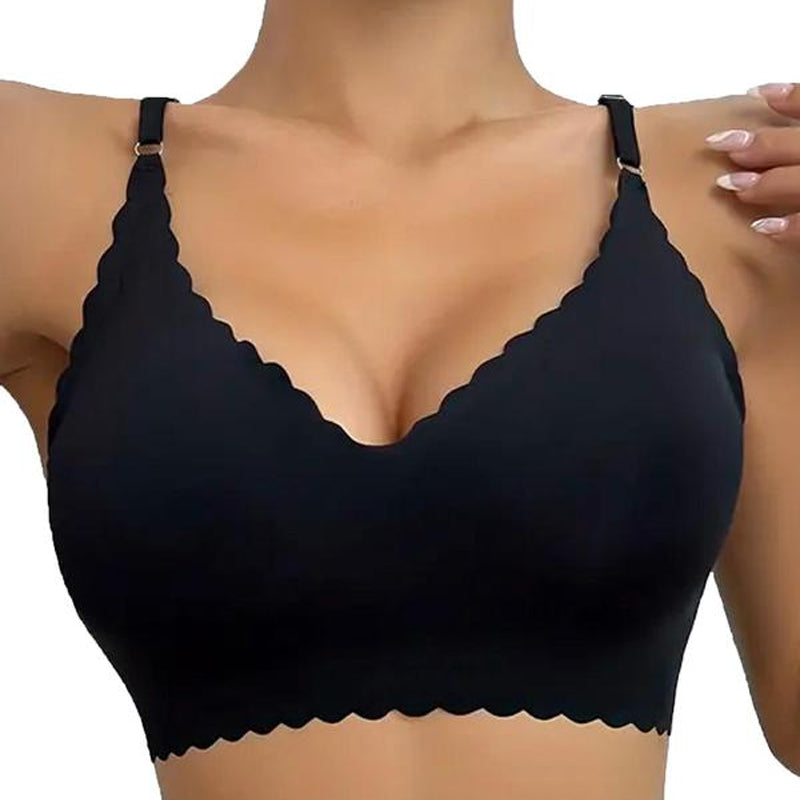 Soutien-gorge push-up sans armatures à bordure festonnée unie pour femme