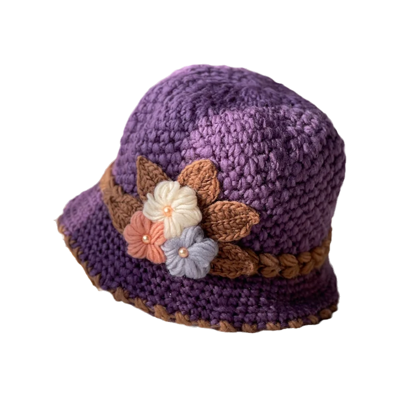 Chapeau en laine tricoté à fleurs épaisses pour femmes