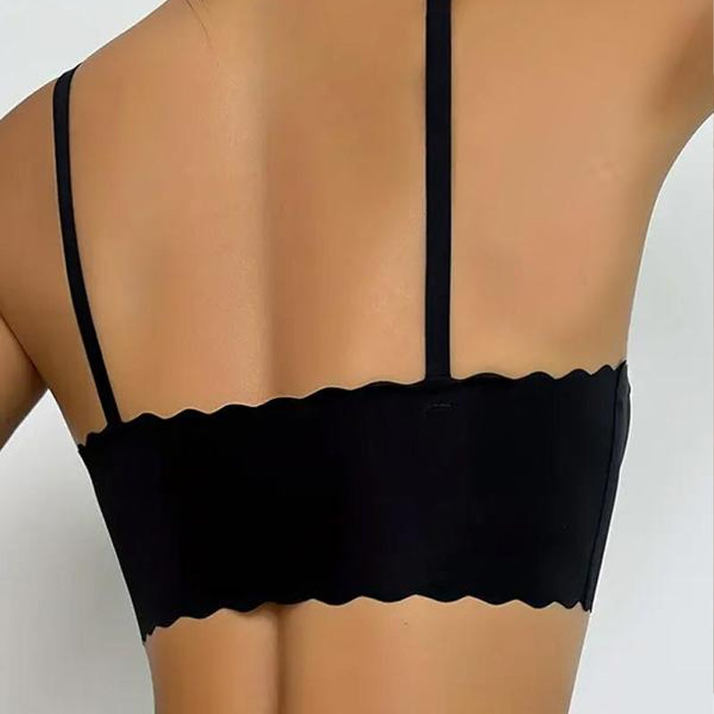 Soutien-gorge push-up sans armatures à bordure festonnée unie pour femme