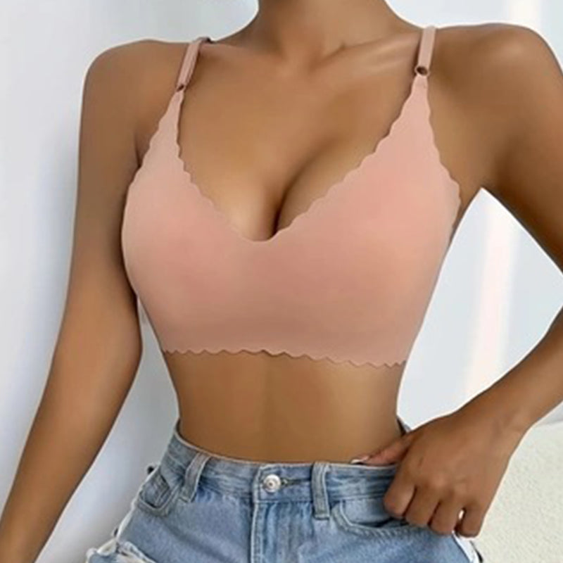 Soutien-gorge push-up sans armatures à bordure festonnée unie pour femme