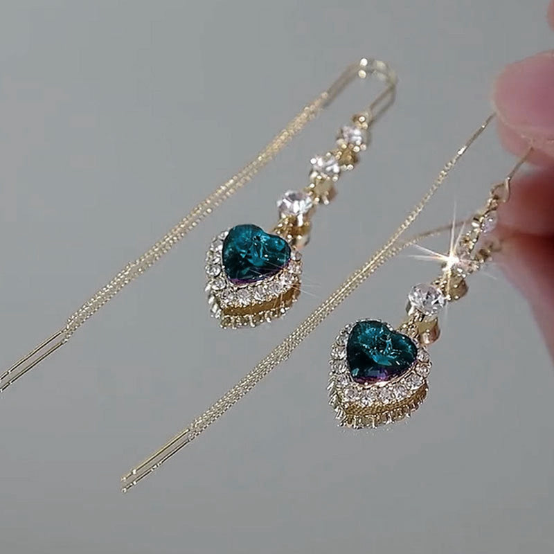 Boucles d'oreilles enfile-pierres précieuses en forme de cœur bleu exquises