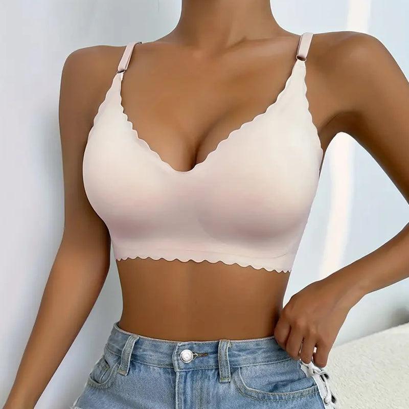 Soutien-gorge push-up sans armatures à bordure festonnée unie pour femme