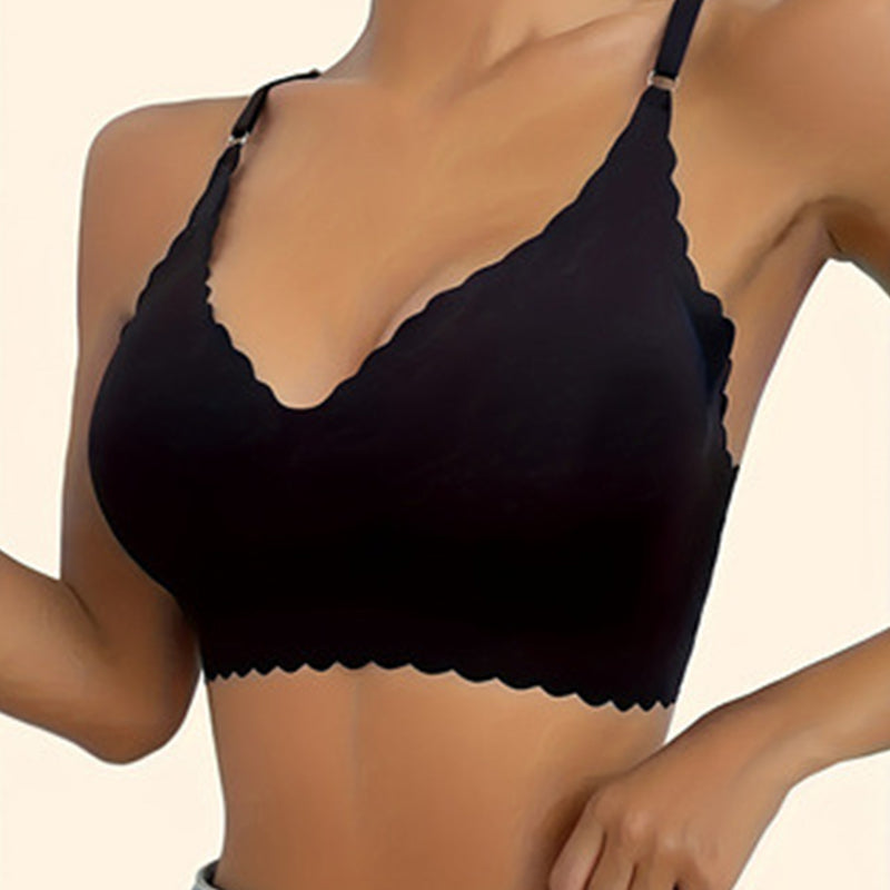 Soutien-gorge push-up sans armatures à bordure festonnée unie pour femme