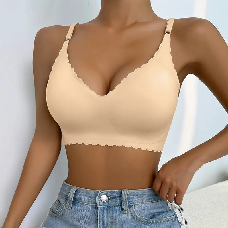 Soutien-gorge push-up sans armatures à bordure festonnée unie pour femme