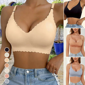Soutien-gorge push-up sans armatures à bordure festonnée unie pour femme