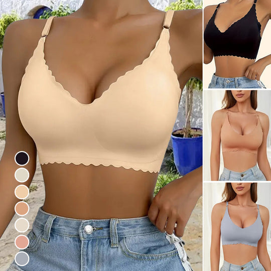 Soutien-gorge push-up sans armatures à bordure festonnée unie pour femme