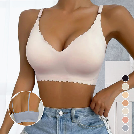 Soutien-gorge push-up sans armatures à bordure festonnée unie pour femme