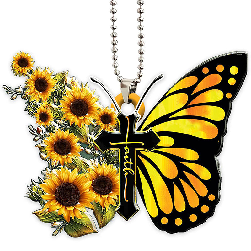 Accessoire Pour Rétroviseur de Voiture de Papillon avec Croix Chrétienne