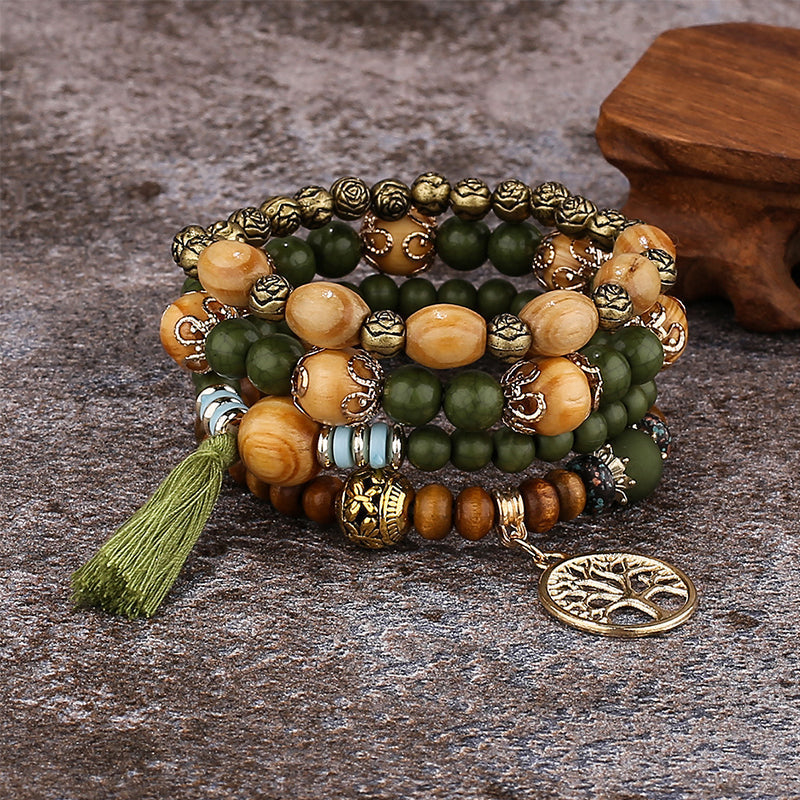 Bracelet en perles de bois multicouche Boho