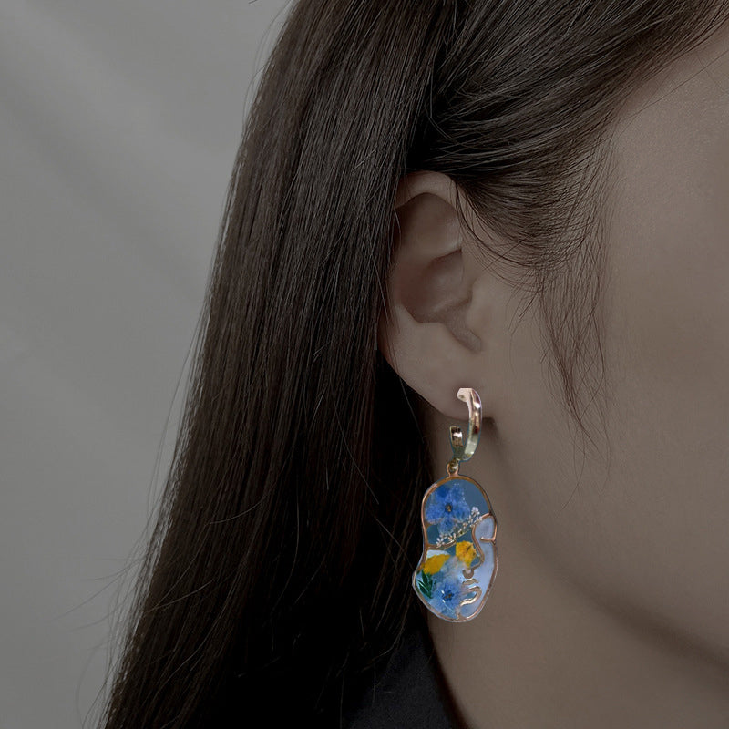 Boucles d'Oreilles Fleurs Pressées - Visage abstrait ne m'oublie pas fleur