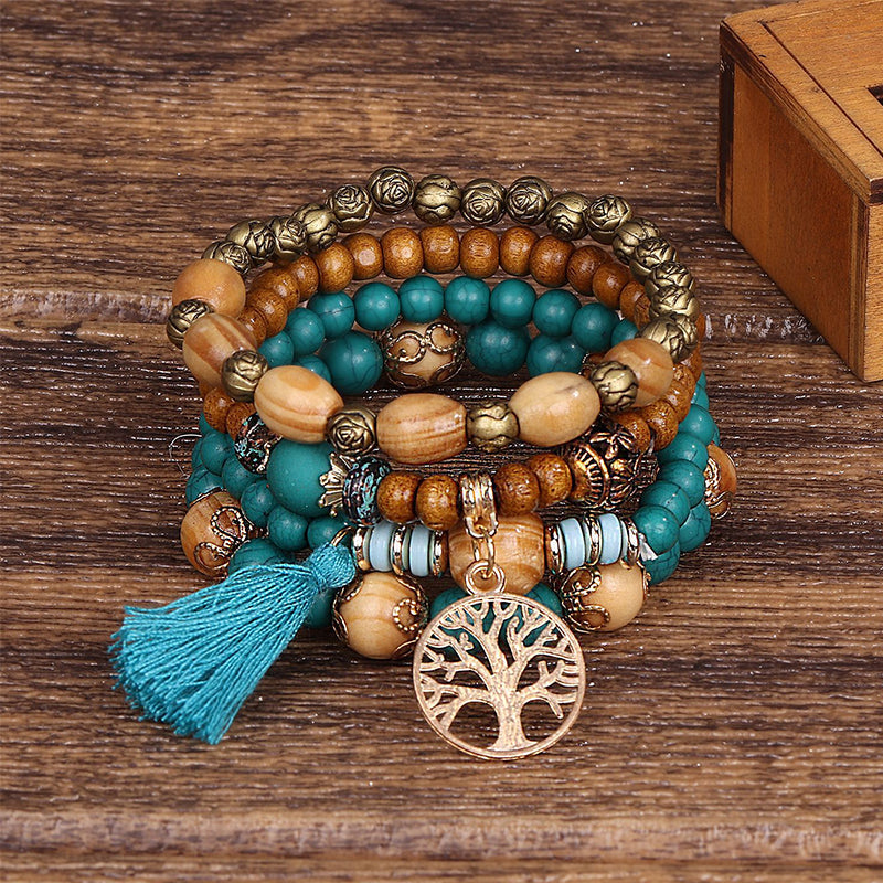 Bracelet en perles de bois multicouche Boho