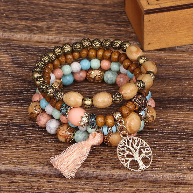 Bracelet en perles de bois multicouche Boho