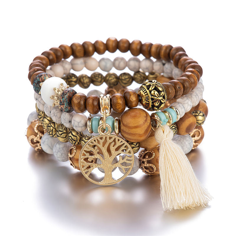 Bracelet en perles de bois multicouche Boho