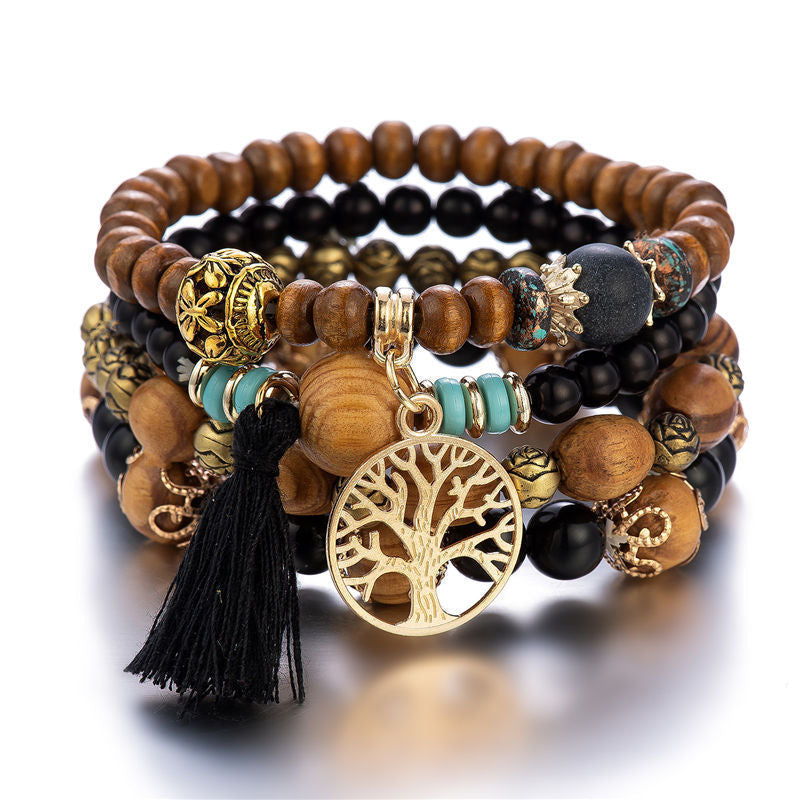 Bracelet en perles de bois multicouche Boho