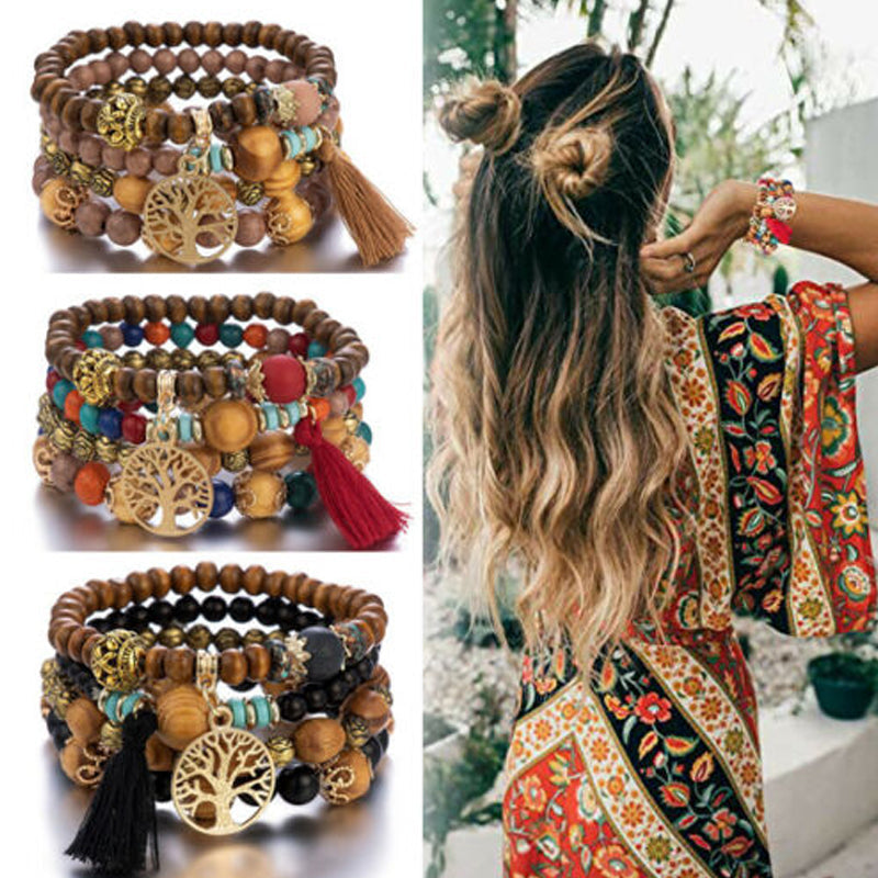 Bracelet en perles de bois multicouche Boho