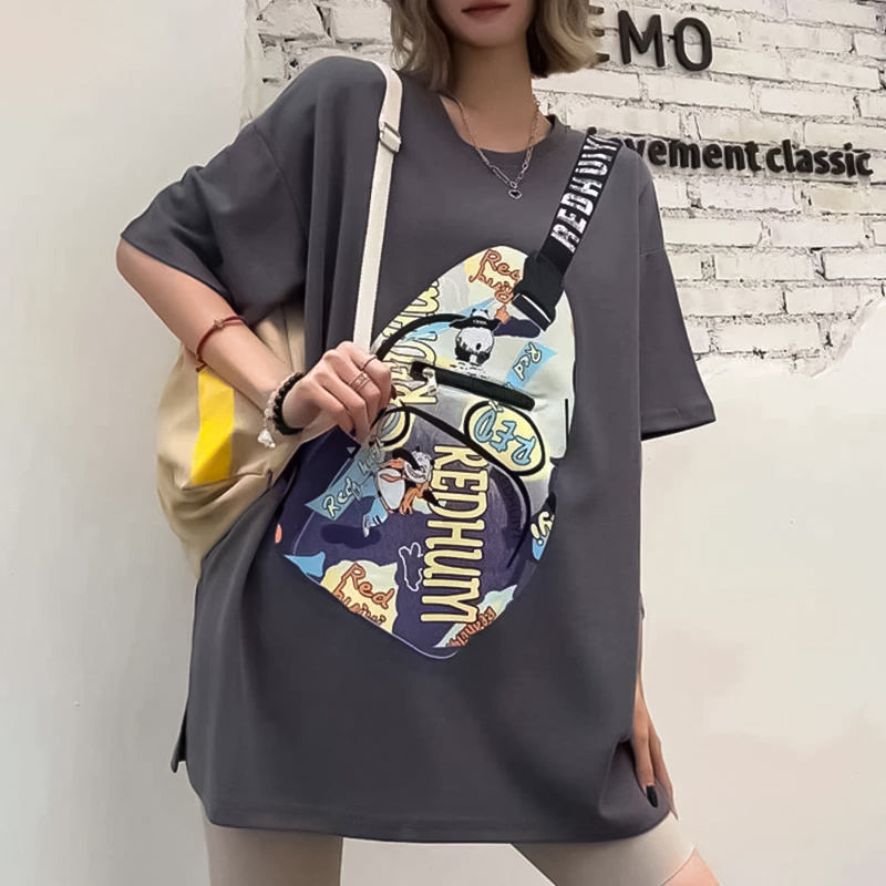 T-shirt à manches courtes avec sac à bandoulière unique pour femme avec poche zippée