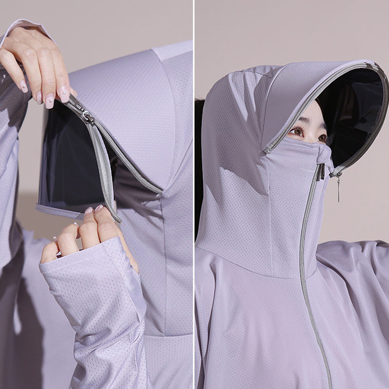 Veste coupe-vent à capuche en soie glacée avec protection UV