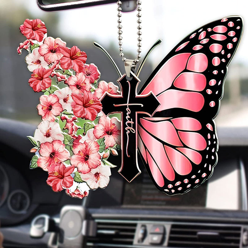 Accessoire Pour Rétroviseur de Voiture de Papillon avec Croix Chrétienne