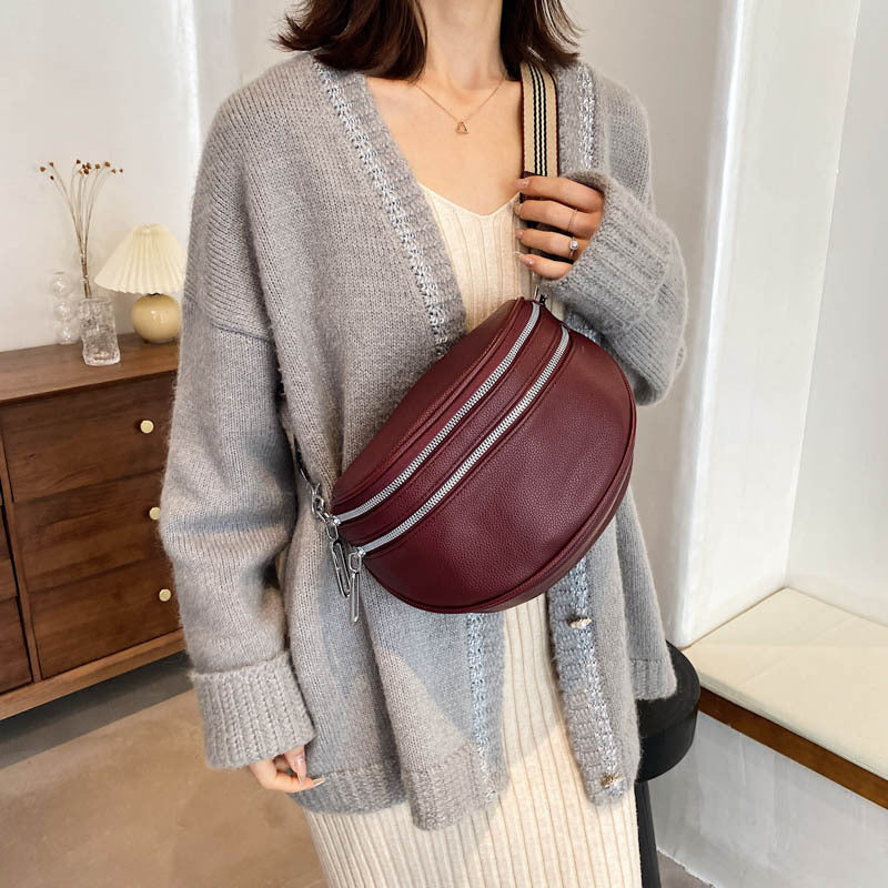 Sac de poitrine à bandoulière solide en cuir multi-poches pour femmes
