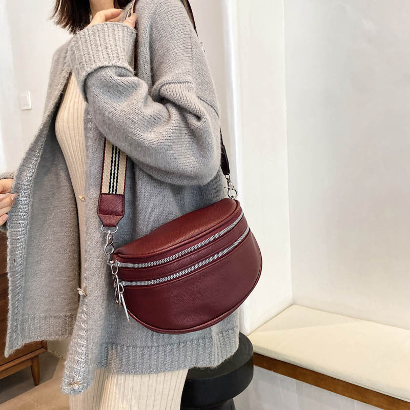 Sac de poitrine à bandoulière solide en cuir multi-poches pour femmes