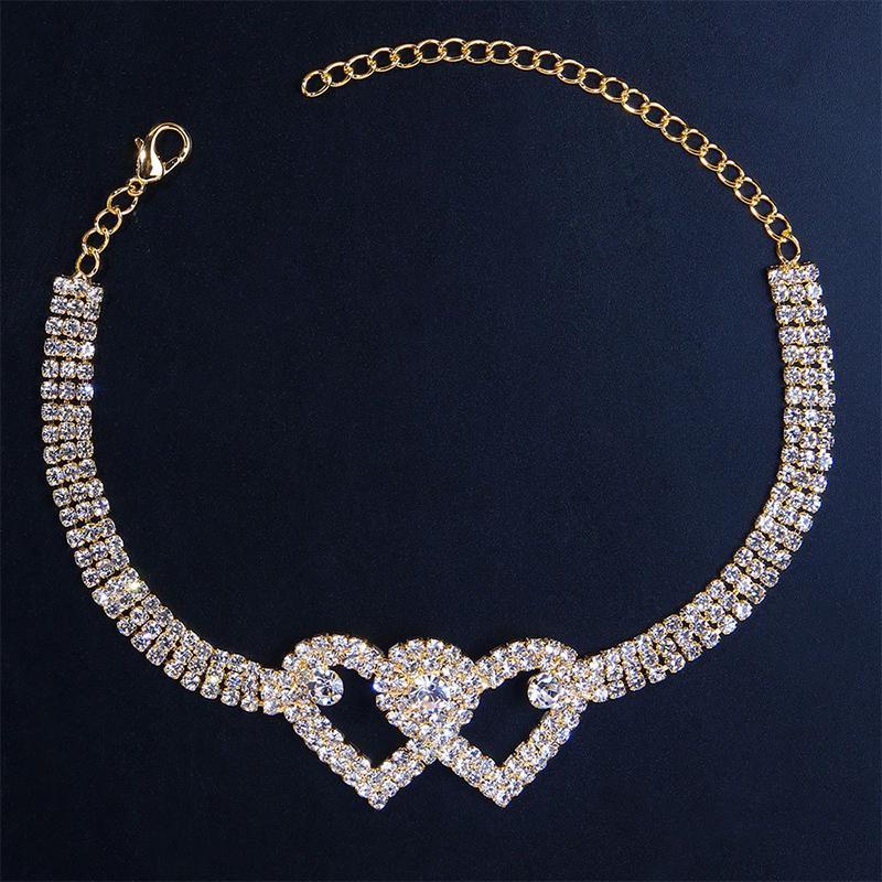 Bracelet de Cheville à Double Cœur en Strass