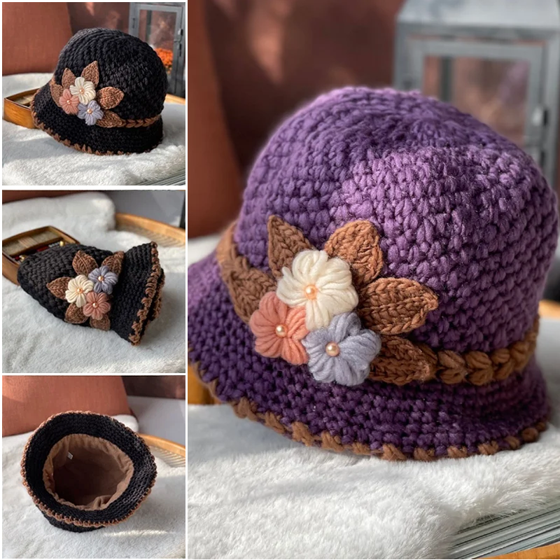 Chapeau en laine tricoté à fleurs épaisses pour femmes