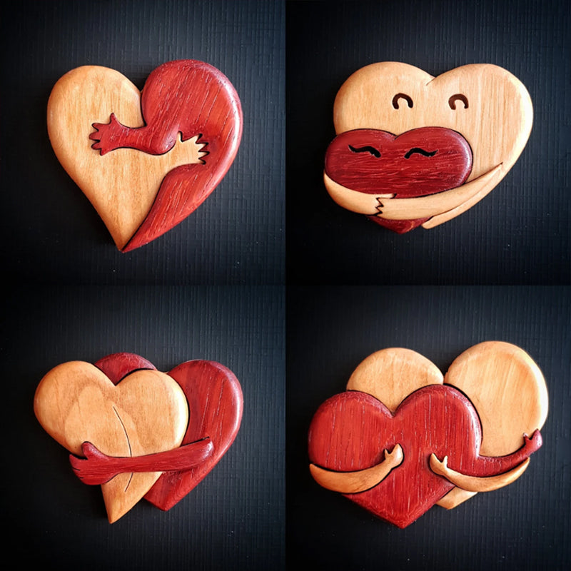 Bouton pinback en bois intarsia de coeurs aimants