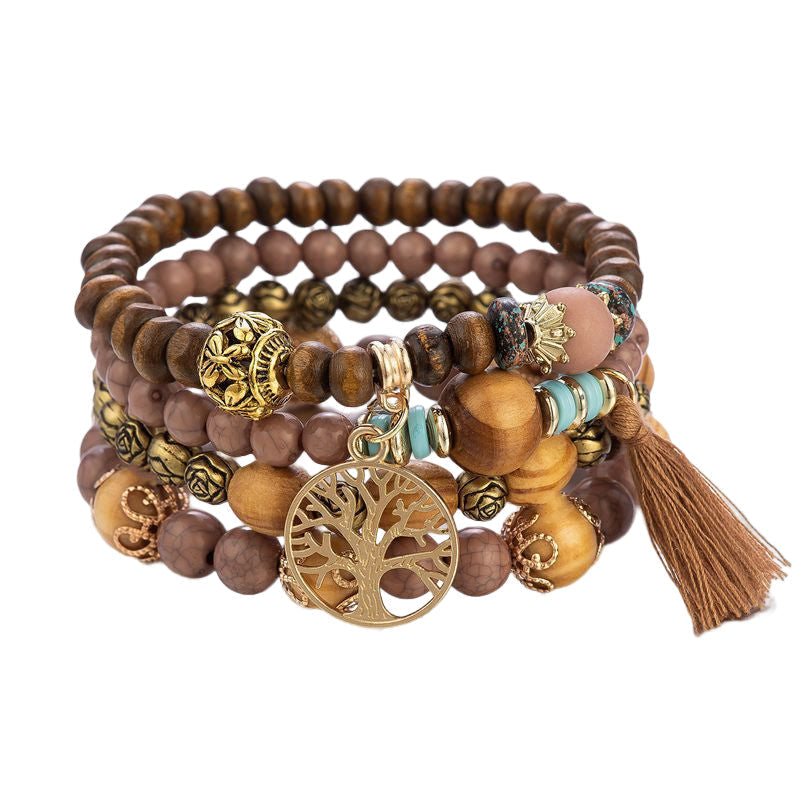 Bracelet en perles de bois multicouche Boho