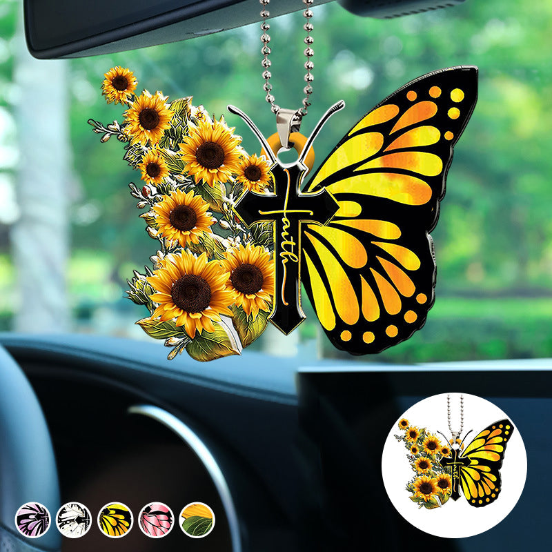 Accessoire Pour Rétroviseur de Voiture de Papillon avec Croix Chrétienne